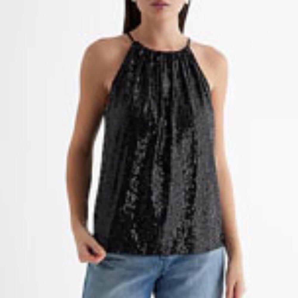 Sequin Halter Neck Ruched Tank